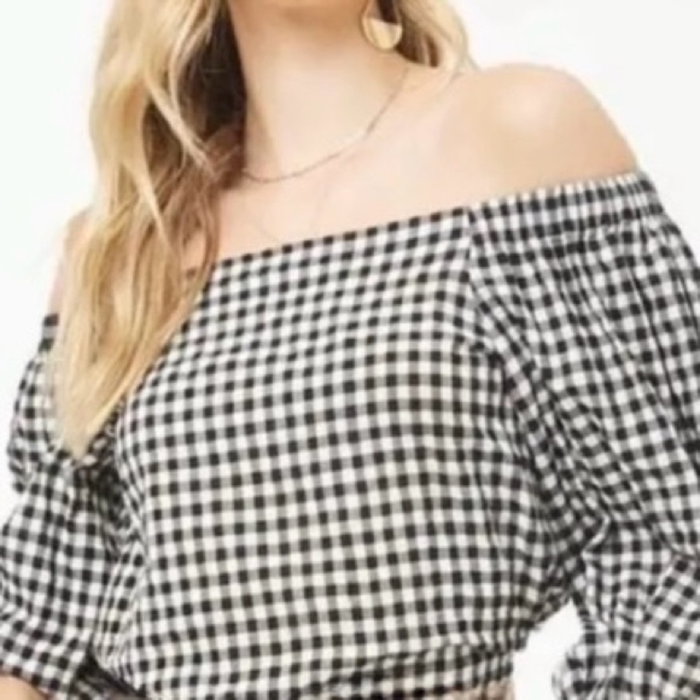 Hollister Coquette Trendy Girl off shoulder blouse shirt plaid women XS Gingham
